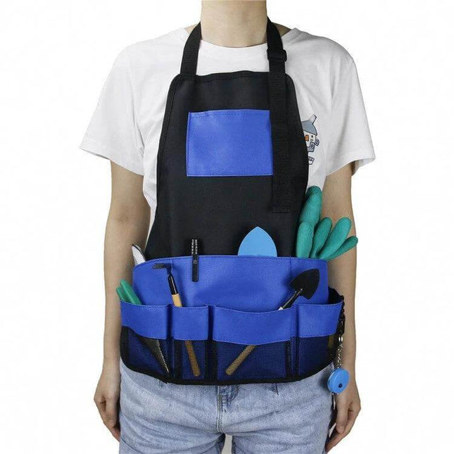 Multi Pocket Tool Apron Blue For Garden Chores Easy Access - Durable 600D Oxford garden apron with multiple pockets for tools