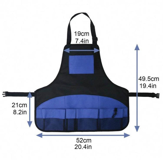 Multi Pocket Tool Apron Blue For Garden Chores Easy Access - blue 600D Oxford multi-pocket apron with dimensions and tool pouches
