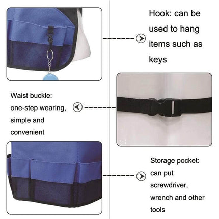 Multi Pocket Tool Apron Blue For Garden Chores Easy Access - blue 600D Oxford fabric apron with pockets, hook, waist buckle and tool storage