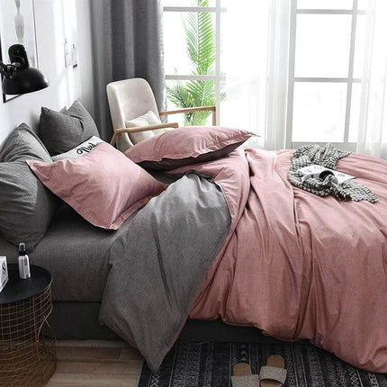 Bedding Set Solid Plaid Comforter Duvet Cover And Sheets Blue displayed on gray bed with soft pink duvet and pillows in modern bedroom