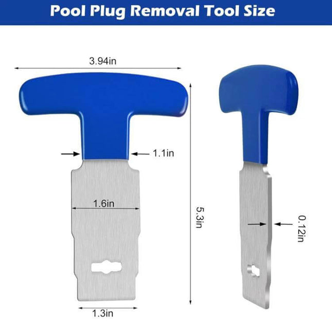 Blue Pool Plug Removal Tool For Jets, Easy Grip For Quick Maintenance - blue T-handle tool with stainless blade and dimensions shown