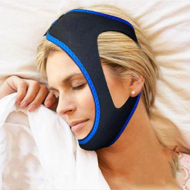 Blue Triangular Chin Strap Snoring Aid For Comfortable Sleep - woman sleeping wearing blue triangular chin strap for mouth closure