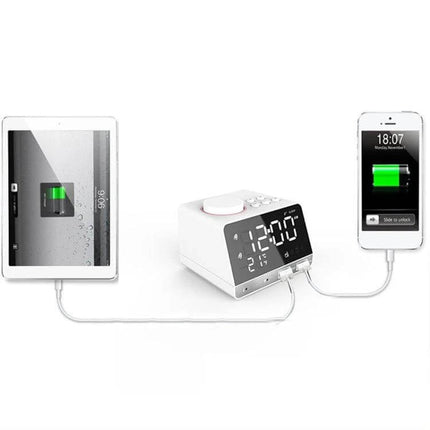 Bluetooth Alarm Clock Speaker Black for Bedside Use showing black clock charging phone and tablet with dual alarms and USB ports