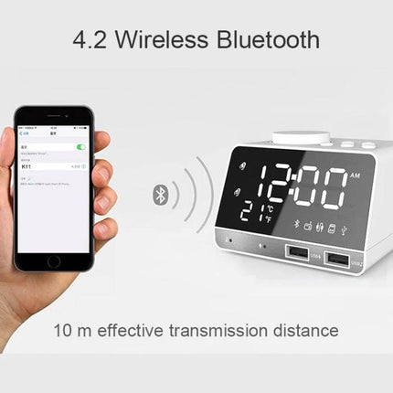 Bluetooth Alarm Clock Speaker Black for Bedside Use showing 4.2 Bluetooth connection, USB ports, time and temperature display
