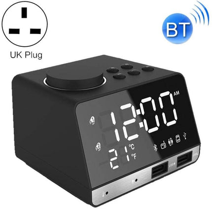 Bluetooth Alarm Clock Speaker Black for Bedside Use showing digital clock, temperature display, dual USB ports and control buttons on nightstand