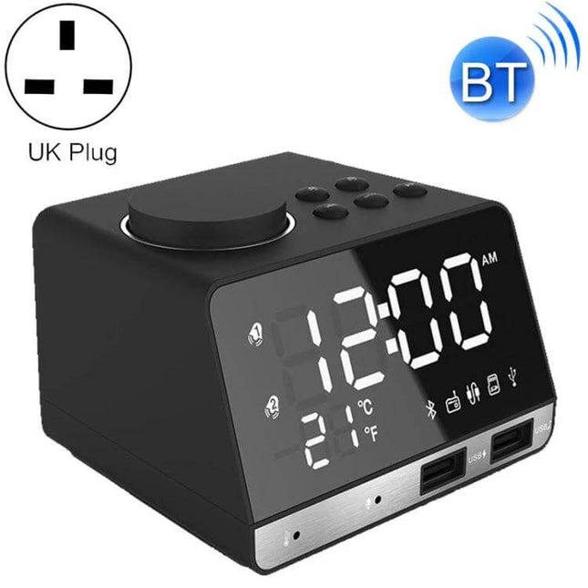 Bluetooth Alarm Clock Speaker Black for Bedside Use showing digital clock, temperature display, dual USB ports and control buttons on nightstand