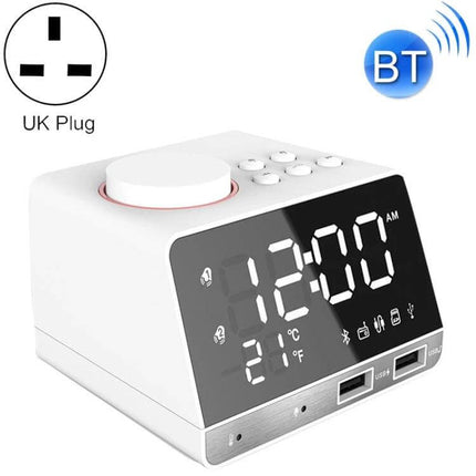 Bluetooth Alarm Clock Speaker Black for Bedside Use on nightstand showing large LED time, temperature, dual USB charging ports and Bluetooth icon