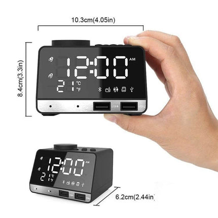 Bluetooth Alarm Clock Speaker Black for Bedside Use showing front LED display, dual USB ports, temperature icons and compact dimensions