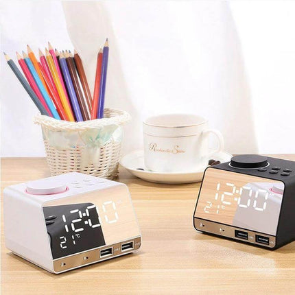 Bluetooth Alarm Clock Speaker Black for Bedside Use showing black mirrored-display clock with USB ports on a nightstand