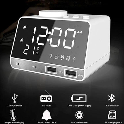 Bluetooth Alarm Clock Speaker Black for Bedside Use with large LED display, dual USB charging, Bluetooth, AUX, TF card and temperature display