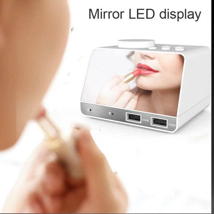 Bluetooth Alarm Clock Speaker Black for Bedside Use with mirror LED display, dual USB charging ports and Bluetooth audio playback