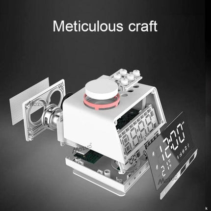 Bluetooth Alarm Clock Speaker Black for Bedside Use with exploded view showing internal components, digital display and speaker