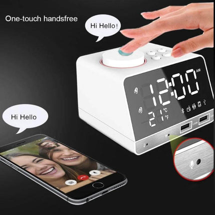 Bluetooth Alarm Clock Speaker Black for Bedside Use on nightstand showing large LED time, dual USB ports, temperature display and one-touch handsfree control