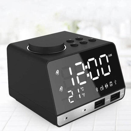 Bluetooth Alarm Clock Speaker Black for Bedside Use showing digital time display, dual USB charging ports, temperature readout