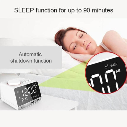 Bluetooth Alarm Clock Speaker Black for Bedside Use showing white bedside unit with sleep timer, automatic shutdown, digital display and woman sleeping