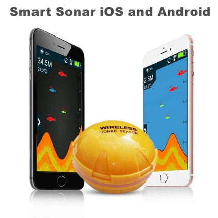 Bluetooth Fish Detector With 125KHz Sonar For iOS And Android showing wireless sonar sensor and real-time fish display on two smartphones