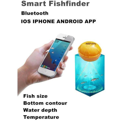 Bluetooth Fish Detector With 125KHz Sonar For iOS And Android showing smartphone sonar display and floating sonar buoy
