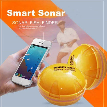 Bluetooth Fish Detector With 125KHz Sonar For iOS And Android showing smartphone app and yellow wireless sonar sensor float