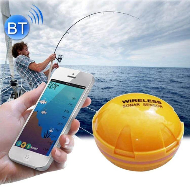 Bluetooth Fish Detector With 125KHz Sonar For iOS And Android showing phone app live sonar and wireless yellow sonar sensor on boat