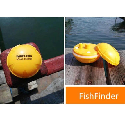 Bluetooth Fish Detector With 125KHz Sonar For iOS And Android - yellow wireless sonar sensor floating fish finder shown on dock
