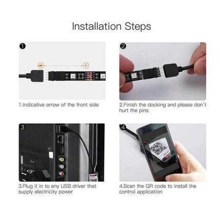 Bluetooth Light Controller For LED Lights App Controlled showing wiring, USB power hookup, and app QR code installation steps