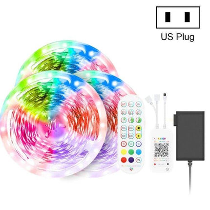 Bluetooth RGB LED Light Strip 20M For Ambient Home Lighting showing two colorful 20m rolls, remote, IR receiver and US plug kit