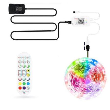 Bluetooth RGB LED Light Strip 5M for Ambient Music and Decor - 5m RGB LED strip with controller, IR remote and power adapter for mood lighting