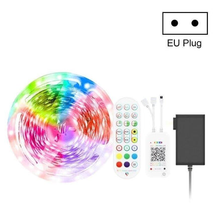 Bluetooth RGB LED Light Strip 5M for Ambient Music and Decor - 5m roll with remote, controller, power adapter (EU plug) and app/Bluetooth control