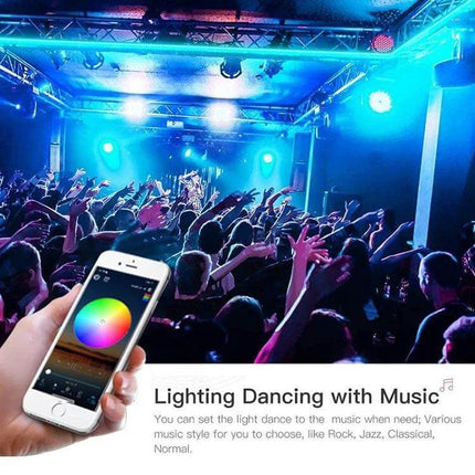 Bluetooth RGB LED Light Strip 5M for Ambient Music and Decor - 5m strip in concert-style room controlled by mobile app for music-sync lighting