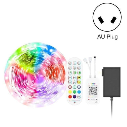 Bluetooth RGB LED Light Strip 5M for Ambient Music and Decor with AU plug, remote, controller and power adapter, colorful roll for living room or events