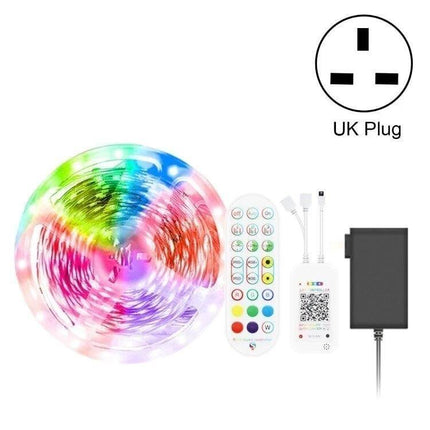 Bluetooth RGB LED Light Strip 5M for Ambient Music and Decor - 5m RGB strip, app/IR/voice control, UK plug, remote and power adapter