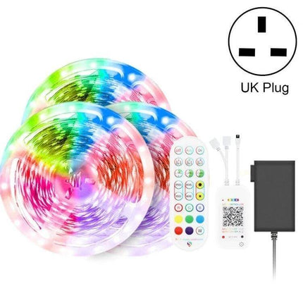 Bluetooth RGB LED Strip For Home Ambience With Remote showing 3 reels, remote, controller and UK plug for living room and TV backlight