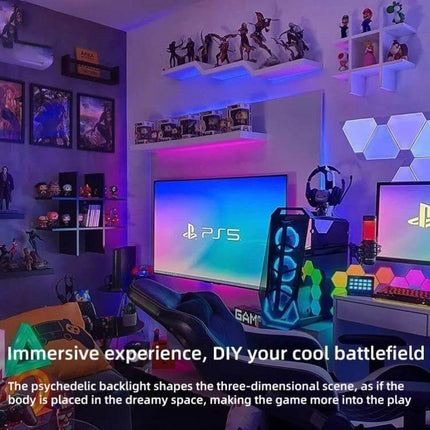 Bluetooth RGB LED Strip For Home Ambience With Remote installed behind TV and shelves creating colorful gaming room backlight