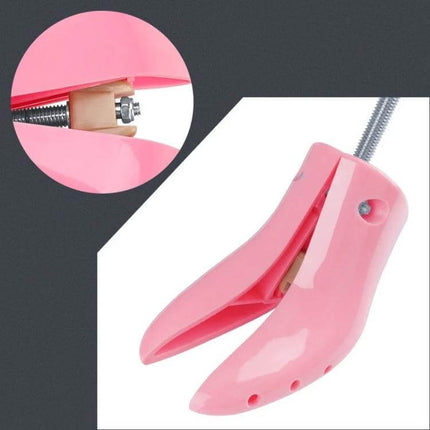 Boots High-Top Shoe Expander With Adjustable Support in pink showing metal screw and two-piece adjustable insert for widening boots and high-top shoes