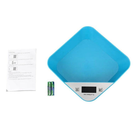 Bowl Shaped LED Kitchen Scale With Clear Readout For Everyday Use - blue bowl scale with LED display, batteries and manual