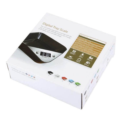 Bowl Shaped LED Kitchen Scale With Clear Readout For Everyday Use - compact black digital tray scale with LED display in retail box