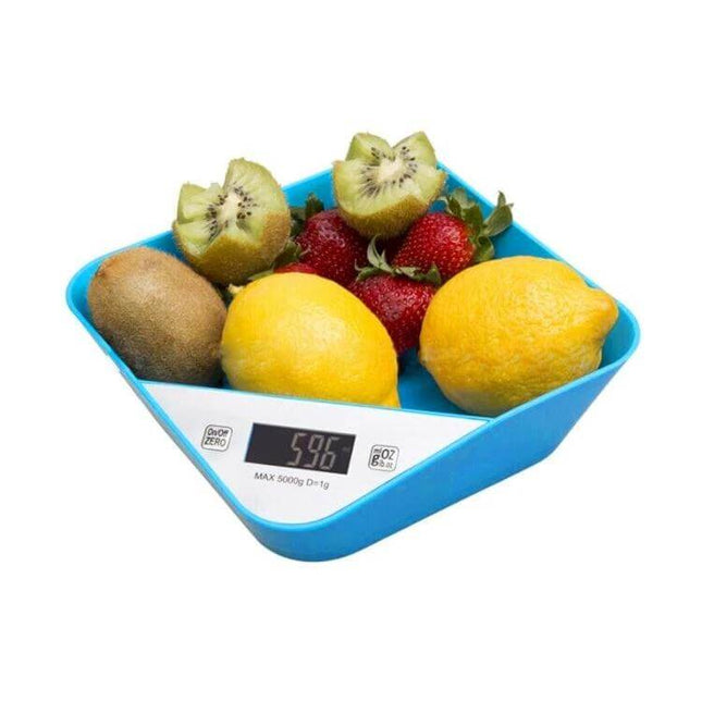 Bowl Shaped LED Kitchen Scale With Clear Readout For Everyday Use shown with lemons, kiwi and strawberries in blue bowl