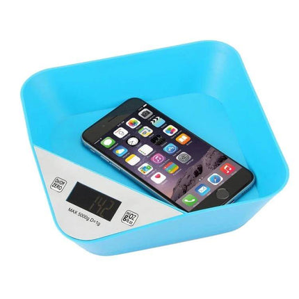 Bowl Shaped LED Kitchen Scale With Clear Readout For Everyday Use - blue bowl scale with LED display and smartphone inside