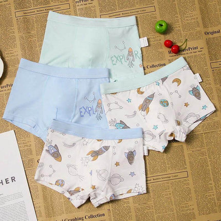 Boys Cartoon Cotton Boxer Shorts With Dinosaur Print - Pack of 4 100% Cotton breathable dinosaur and rocket designs for kids