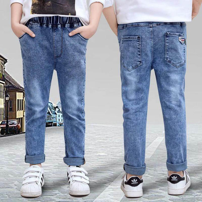 Boys Velvet Jeans Light Blue For Everyday Winter Wear - Light blue velvet-finish jeans for boys, everyday winter casual look