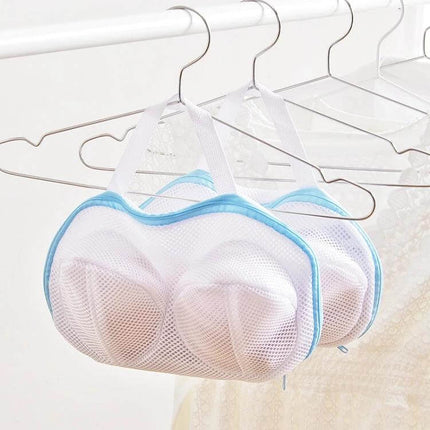 Bra Washing Bag Mesh Laundry Pouch For Travel Underwear hung on hanger, white breathable mesh protects bras during wash and travel