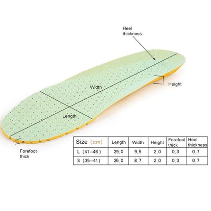 Breathable Shock Absorbing Insoles For Men And Women EU 35 41 - perforated breathable insole with EVA shock-absorbing heel and size chart