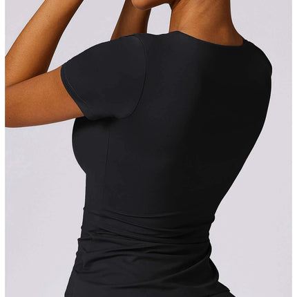 Breathable Tight Yoga Short Sleeve T Shirt For Running And Fitness black fitted back view on model showing breathable fabric and hip-length cut