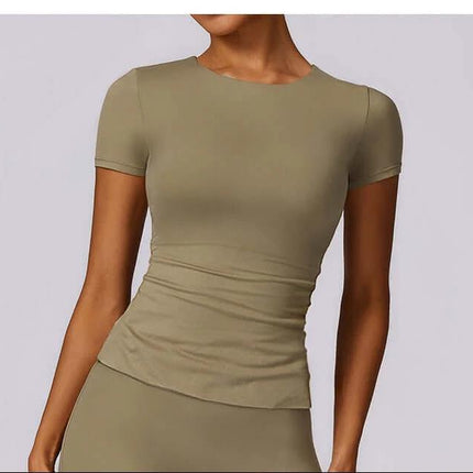 Breathable Tight Yoga Short Sleeve T Shirt For Running And Fitness in olive nylon brushed fabric, fitted hip-length tee for running and gym