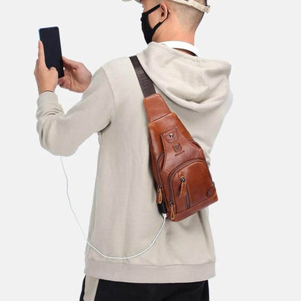 Buff Captain Cowhide Messenger Bag For Everyday Outdoor Use brown leather sling worn crossbody with phone and USB port