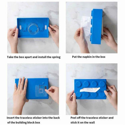Building Block Tissue Box Wall Mount For Living Room - blue ABS wall-mounted tissue holder with traceless sticker and step-by-step installation