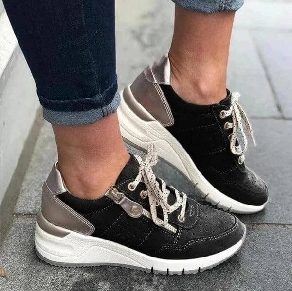 Burnt Platform Sneakers For Everyday Casual Wear In Green shown in black PU with low-profile platform sole, commuting and casual office style