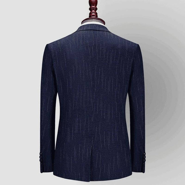 Business Suit Dress With Back Slit Gray Or Blue Casual navy pinstripe blazer back view on mannequin, tailored fitted silhouette