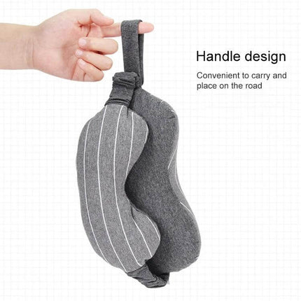 Business Travel Eye Protection Pillow For Restful Sleep shown with carry handle, rectangular neck shape, striped grey travel eye mask for flights and naps