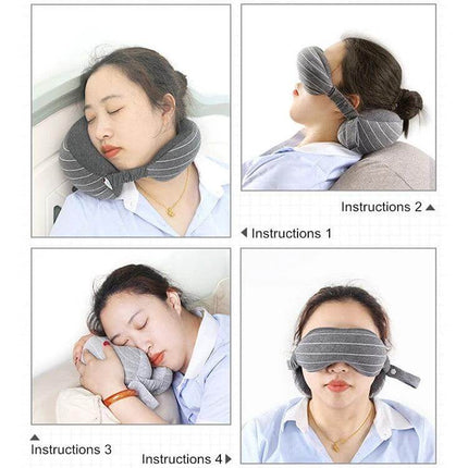 Business Travel Eye Protection Pillow For Restful Sleep gray rectangular neck pillow and eye mask set shown in travel use positions for sleeping